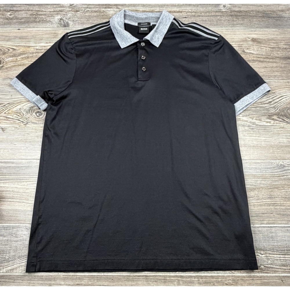 Hugo Boss Mercerised Cotton Polo Shirt Black/Grey Trim Classic Preppy Heritage
